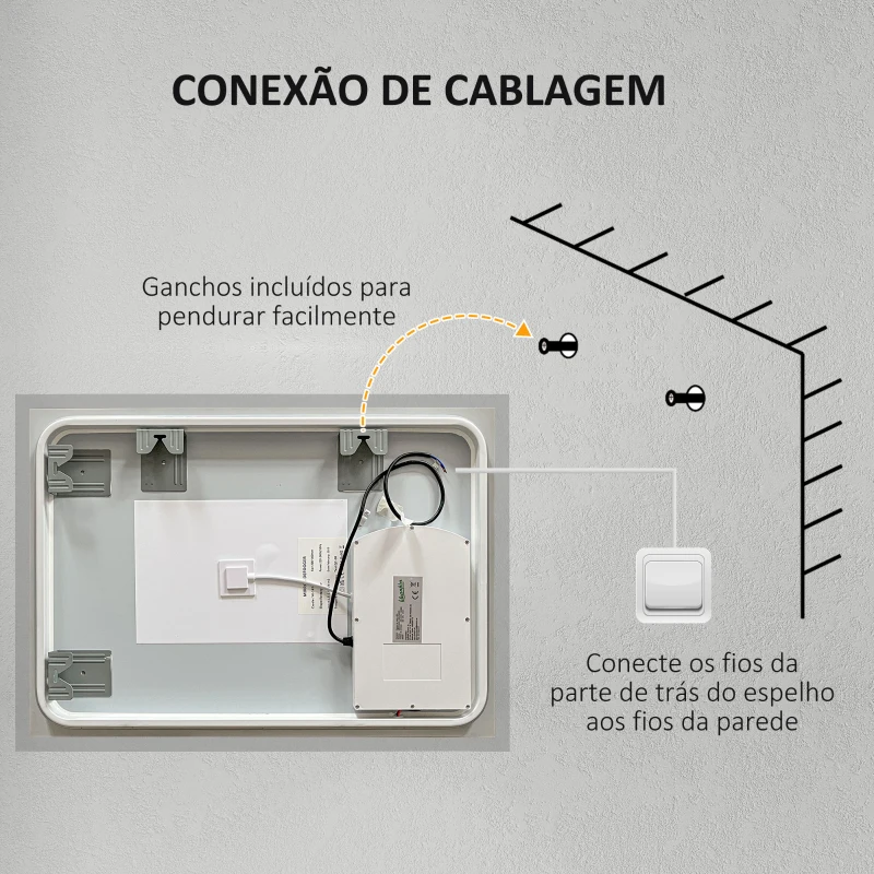 kleankin Espelho Casa de Banho com Luzes LED 70x50 cm Função Antiembaciamento 3 Cores Função de Memória e Interruptor Tátil Prata