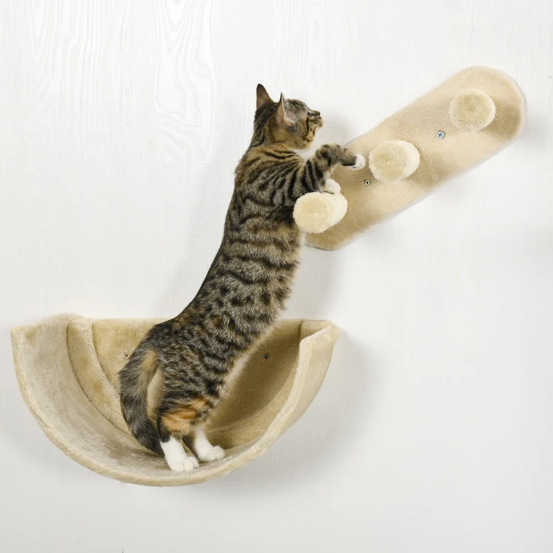 PawHut Prateleiras de Parede para Gatos 4 Peças com Rede Plataforma Semicircular Plataformas de Salto e Poste de Sisal Bege