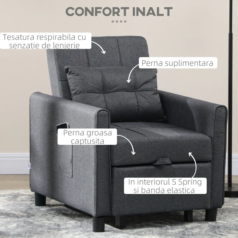 HOMCOM Canapea extensibila, Pat extensibil pentru o persoana, Fotoliu extensibil 3 in 1 cu spatar reglabil, Perna, Buzunar lateral pentru biroul de acasa, Dormitor, Sufragerie, Gri(m-4)