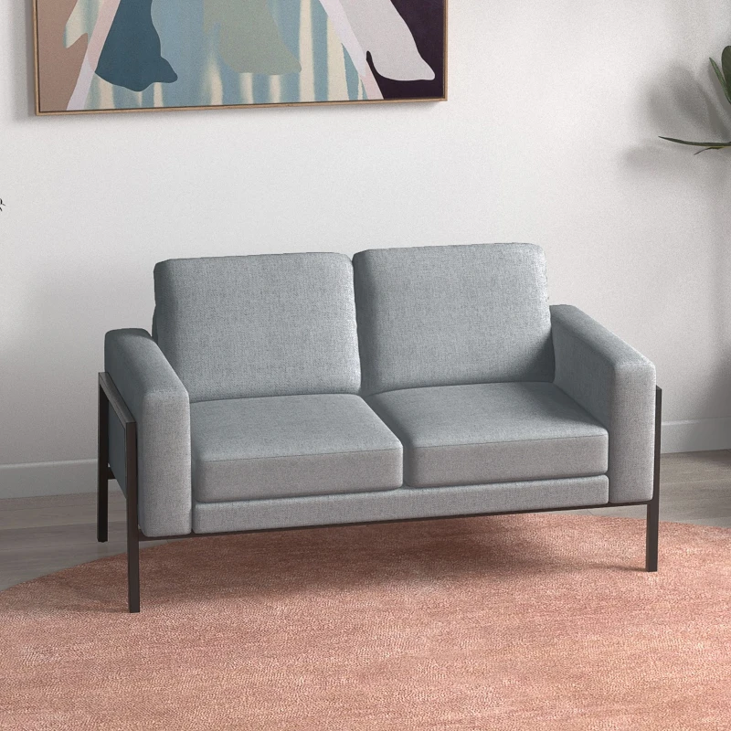 HOMCOM Divano 2 Posti in Tessuto Effetto Lino con Gambe in Acciaio e Cuscini Imbottiti, 138x70x83.5 cm, Grigio