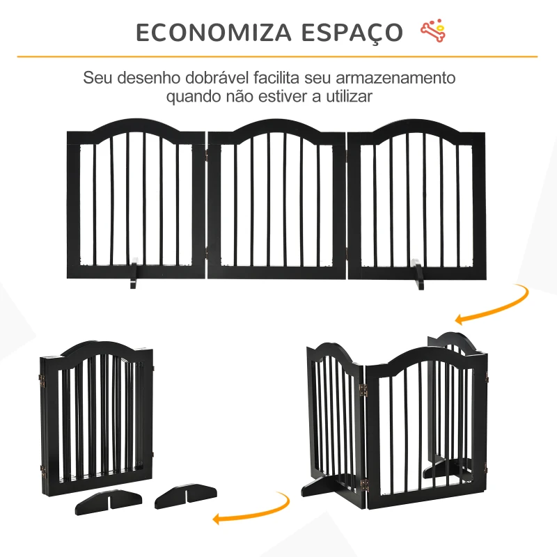 PawHut Barreira de Segurança Dobrável para Cães Pequenos com 3 Painéis e 2 Suportes 154,5x29,5x61 cm Preto
