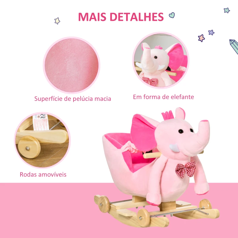 HOMCOM Cavalo Baloiço com Rodas e Forma de Elefante com Músicas Infantis e Cinto de Segurança 60x35x45 cm Rosa
