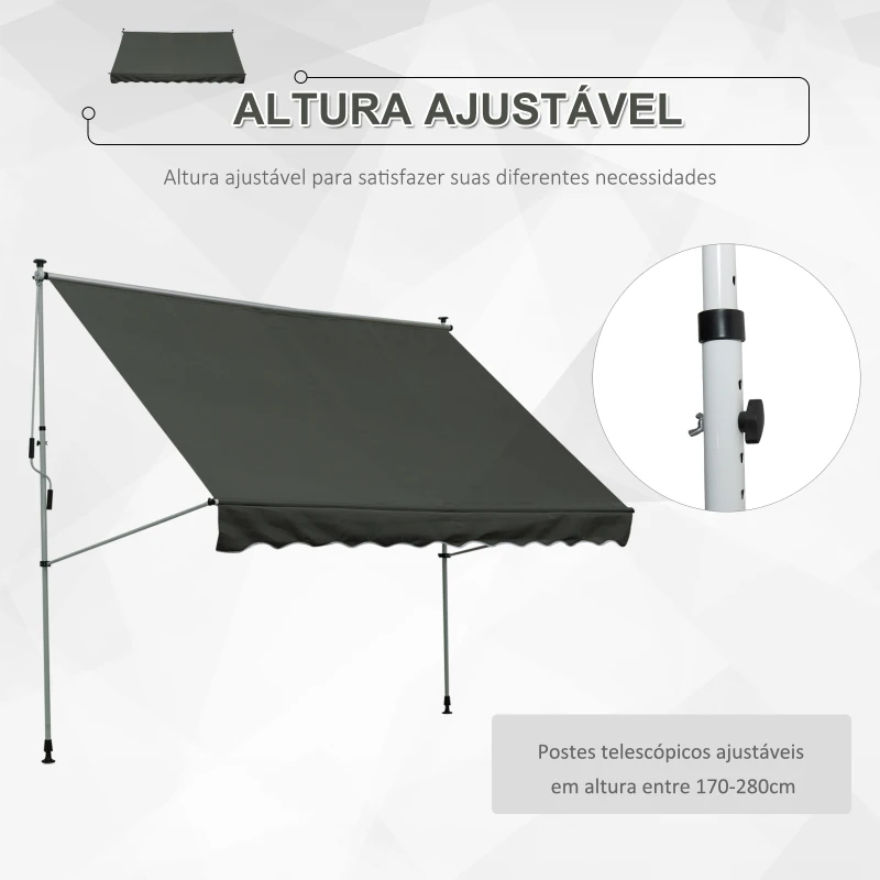 Outsunny Toldo Manual Retrátil para Exterior 300x150x170-280cm Toldo Enrolável Altura Ajustável com Manivela Proteção Solar para Terraço Balcão Jardim Cinza