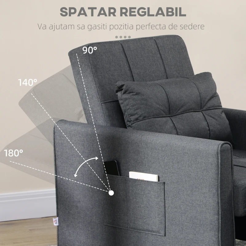 HOMCOM Canapea extensibila, Pat extensibil pentru o persoana, Fotoliu extensibil 3 in 1 cu spatar reglabil, Perna, Buzunar lateral pentru biroul de acasa, Dormitor, Sufragerie, Gri(m-5)