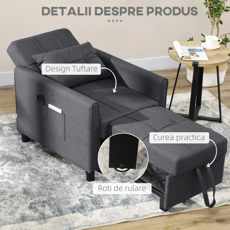 HOMCOM Canapea extensibila, Pat extensibil pentru o persoana, Fotoliu extensibil 3 in 1 cu spatar reglabil, Perna, Buzunar lateral pentru biroul de acasa, Dormitor, Sufragerie, Gri(m-7)