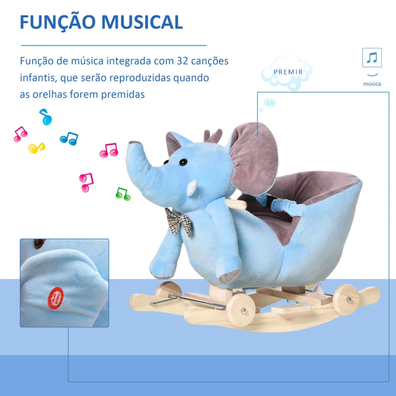 HOMCOM Cavalo Baloiço com Rodas e Forma de Elefante com Músicas Infantis e Cinto de Segurança 60x35x45 cm Azul