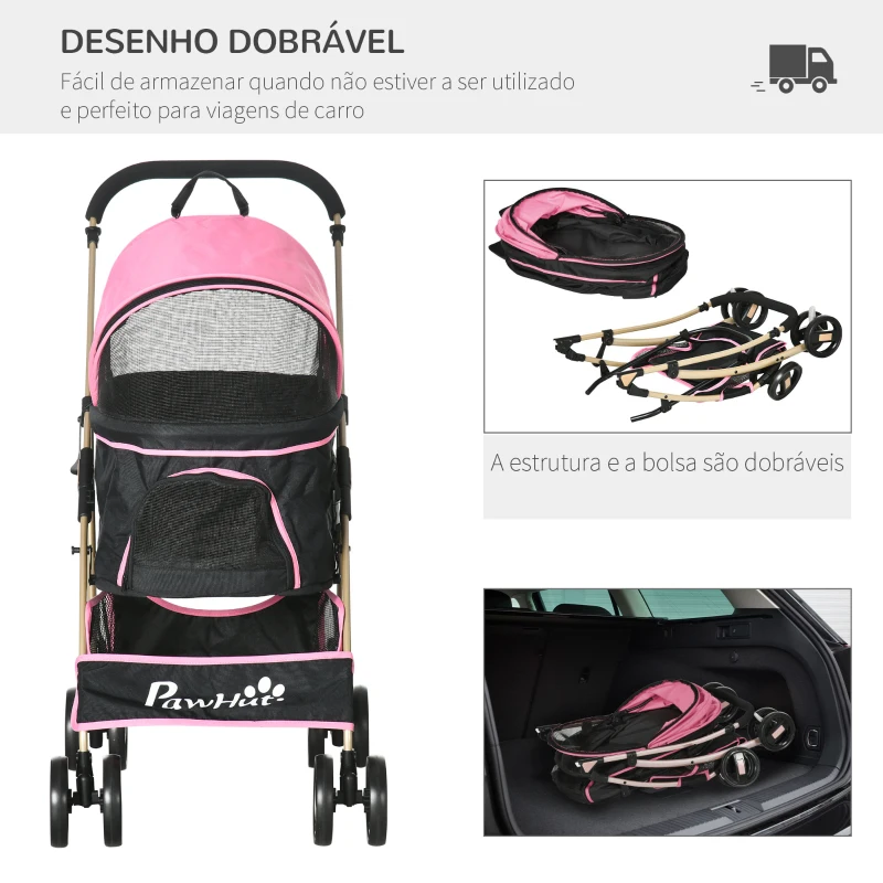 PawHut Carrinho para Animais de Estimação 3 em 1 Dobrável com Bolsa de Transporte Cesta de Armazenamento e Travão 82x49,5x98 cm Rosa