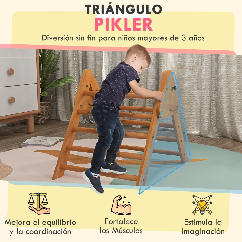 HOMCOM Triángulo de Aprendizaje Infantil de +3 Años Plegable Triángulo de Madera Gimnasio de Juegos 90x64x70 cm Marrón