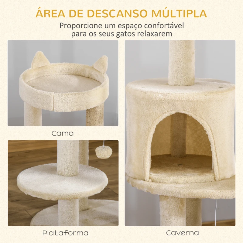 PawHut Árvore Arranhador para Gatos com Plataforma Caverna Postes de Sisal e Bola Suspensa 48x48x104 cm Bege