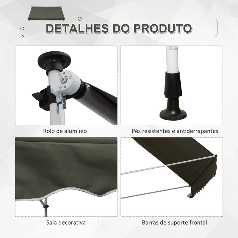 Outsunny Toldo Manual Retrátil para Exterior 300x150x170-280cm Toldo Enrolável Altura Ajustável com Manivela Proteção Solar para Terraço Balcão Jardim Cinza