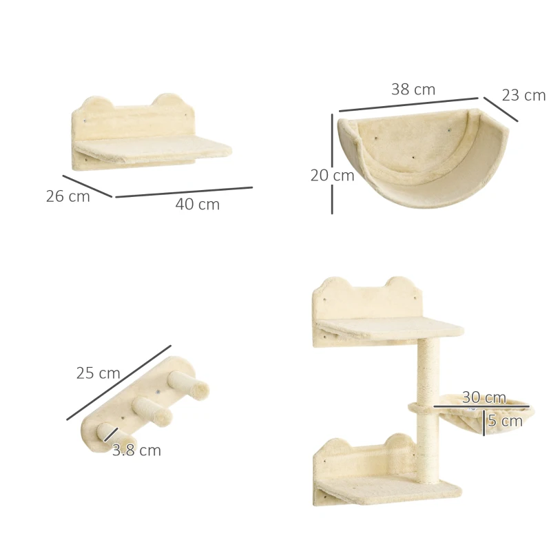 PawHut Prateleiras de Parede para Gatos 4 Peças com Rede Plataforma Semicircular Plataformas de Salto e Poste de Sisal Bege