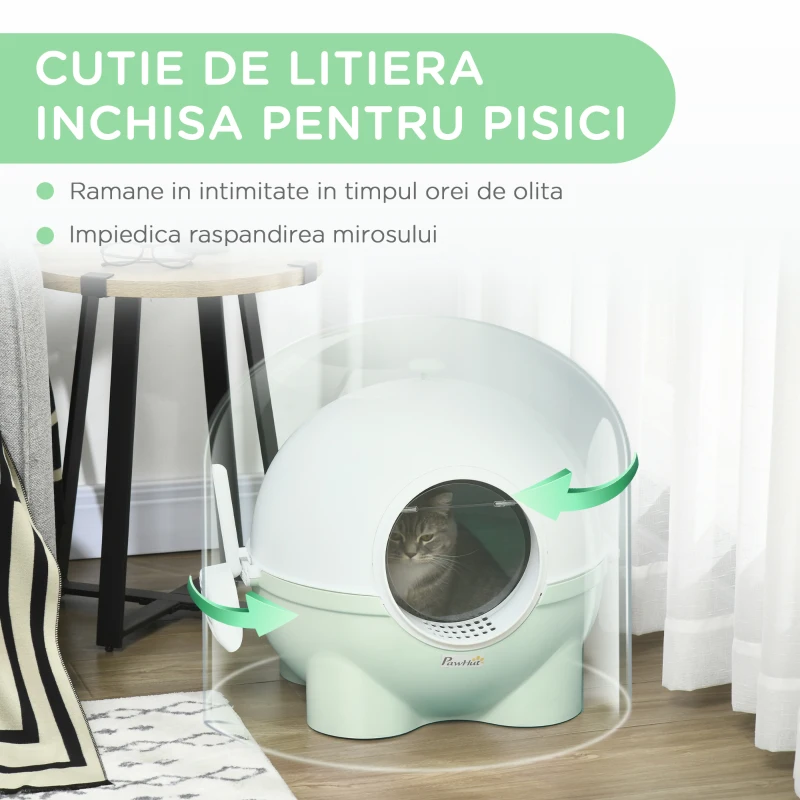 PawHut Litieră cu Capac pentru Pisici, Litiera pentru Pisici Mare cu Capac, Lopatica, Pedala pentru Nisipul care Cade, Maner Superior, Verde Deschis