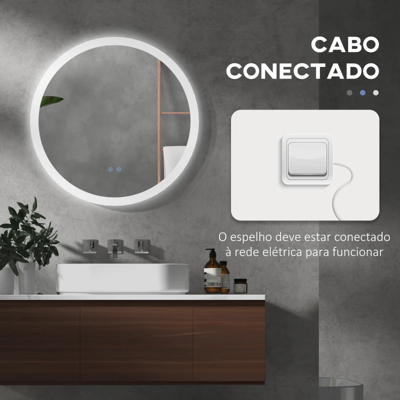 kleankin Espelho Casa de Banho Redondo com Luzes LED 70x70 cm Função Antiembaciamento 3 Luzes Função de Memória e Interruptor Tátil Prata