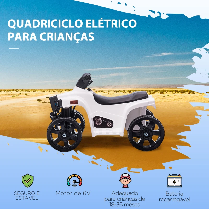 HOMCOM Quadriciclo Elétrico para Crianças 6V Faróis Buzina Velocidade -3km/h Avanço e Recuo 65x40x43 cm Branco