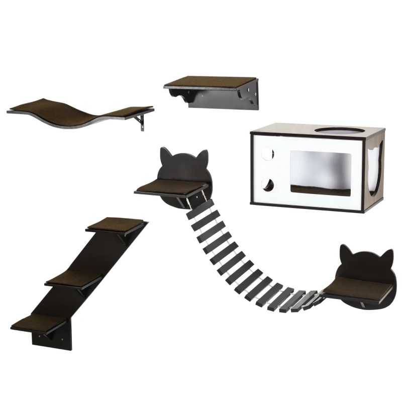 PawHut 5 Piece Cat Wall Shelves, Wall-Mounted Cat Tree for Indoor Use - Brown