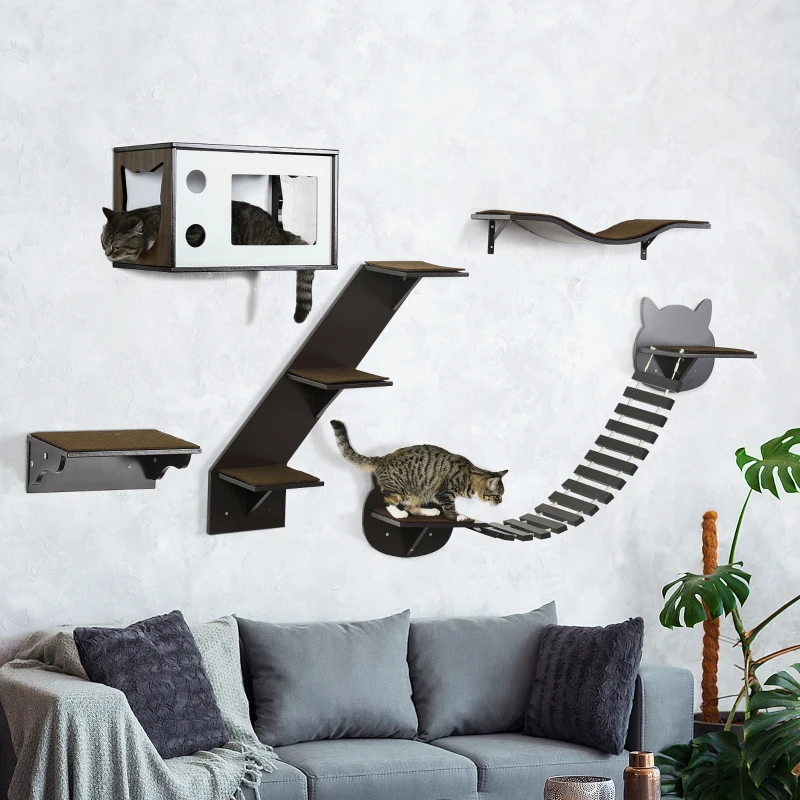 PawHut 5 Piece Cat Wall Shelves, Wall-Mounted Cat Tree for Indoor Use - Brown