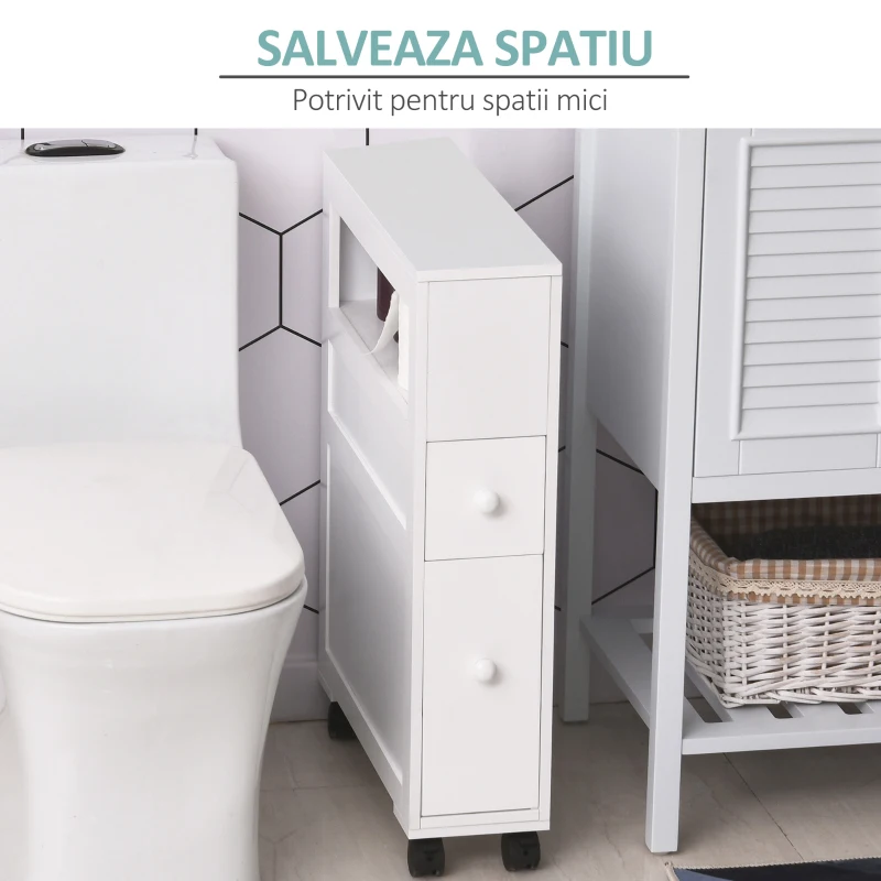 HOMCOM Mobilier pentru Baie in Lemn cu Rafturi si 2 Sertare,Alb 16x52x66cm