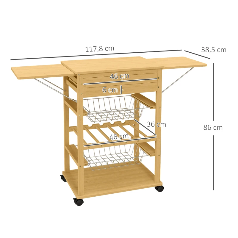 HOMCOM Küchenwagen mit 2 Aufbewahrungskörben, 2 Schubladen, ausziehbarer Tischplatte, 4 Rollen, Bambus, Gemüsehorde Natur