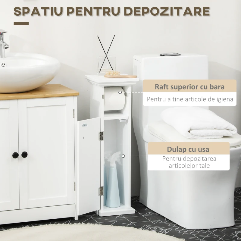 kleankin Dulapior Baie cu Suport Rola de Hartie Igienicarta si Dulapior din Lemn MDF, 21.5x17.8x66.5cm, Alb