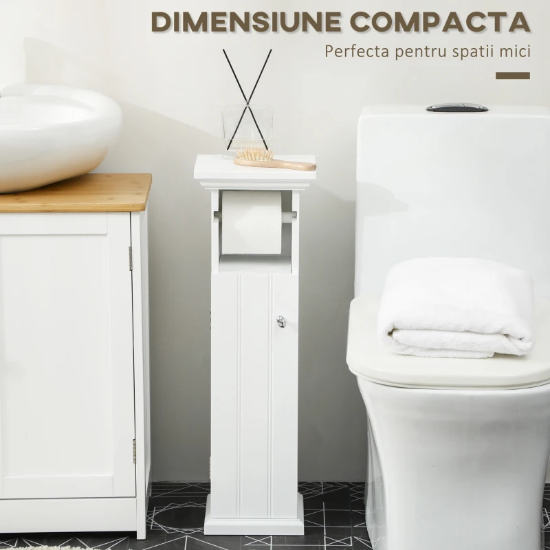 kleankin Dulapior Baie cu Suport Rola de Hartie Igienicarta si Dulapior din Lemn MDF, 21.5x17.8x66.5cm, Alb
