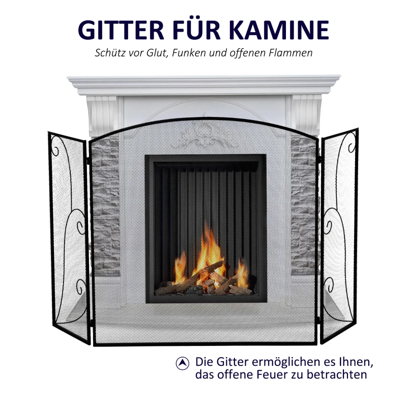 HOMCOM Vuurvonkbescherming voor haarden, 3 panelen, inklapbaar, flexibel, metaal, zwart, 132,5 x 76,5 cm.