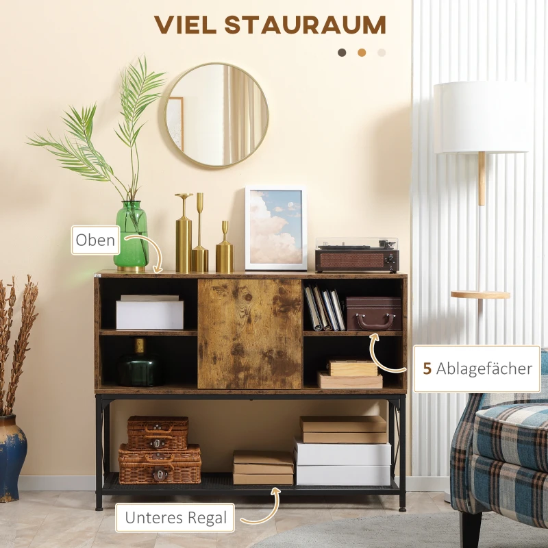 HOMCOM Sideboard im Industrie-Design, 5 Regale, 1 Schrank, Buffet; 112 cm x 40 cm x 85 cm, Schwarz + Braun