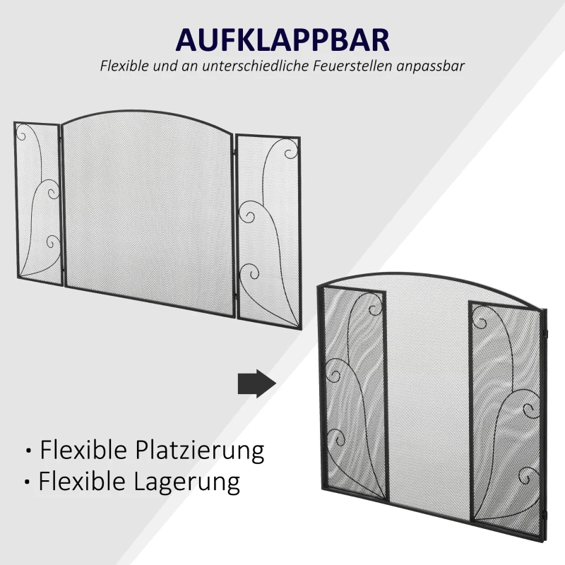 HOMCOM Vuurvonkbescherming voor haarden, 3 panelen, inklapbaar, flexibel, metaal, zwart, 132,5 x 76,5 cm.
