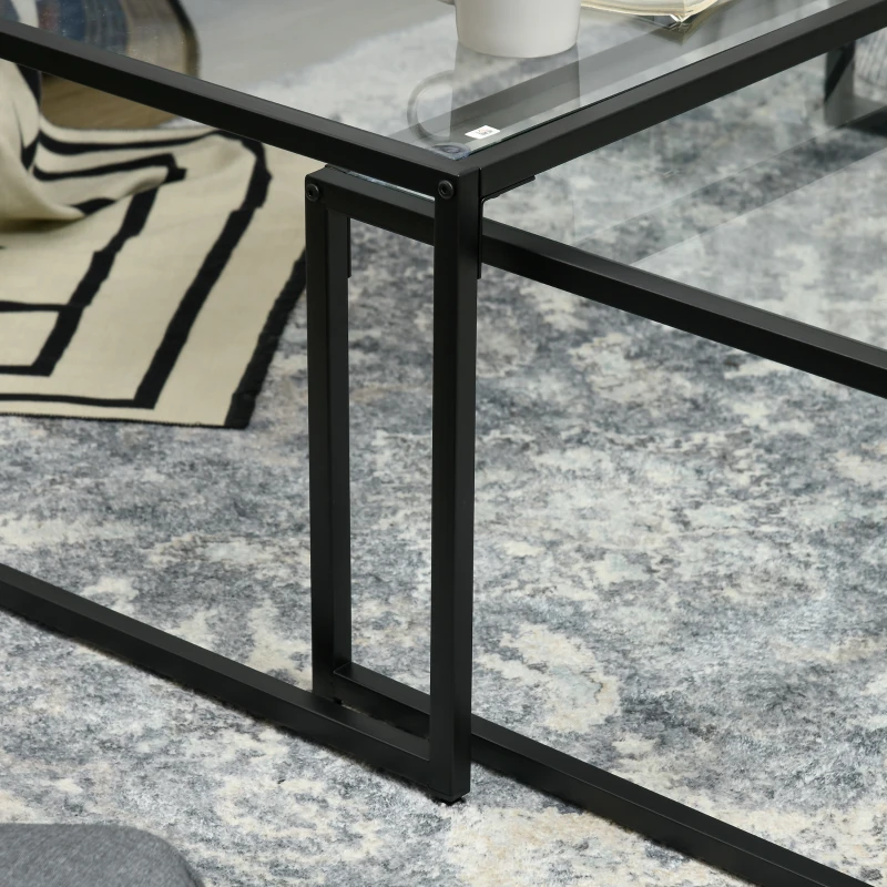 HOMCOM 2-delige set salontafels, glazen tafels, met poedergecoat staal, zwart + transparant