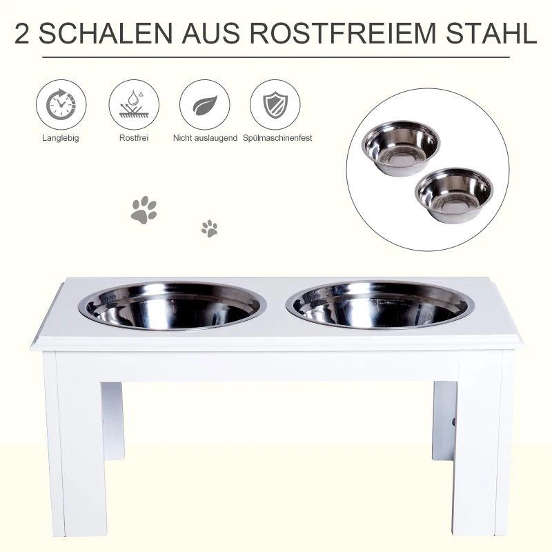 PawHut Hunde-Futterstation, rutschfest, 58,4 x 30,5 x 25,4cm, Weiß, 2L pro Napf
