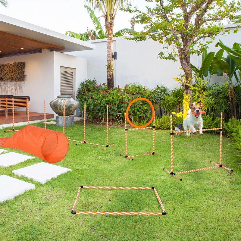 PawHut 5PC Portable Pet Agility Training Set Hurdle Bar for Dog Obstacle Exercise with Adjustable Height Jump Ring High Jumper Tunnel Weave Poles Square Pause Box Carry Bag Whistle