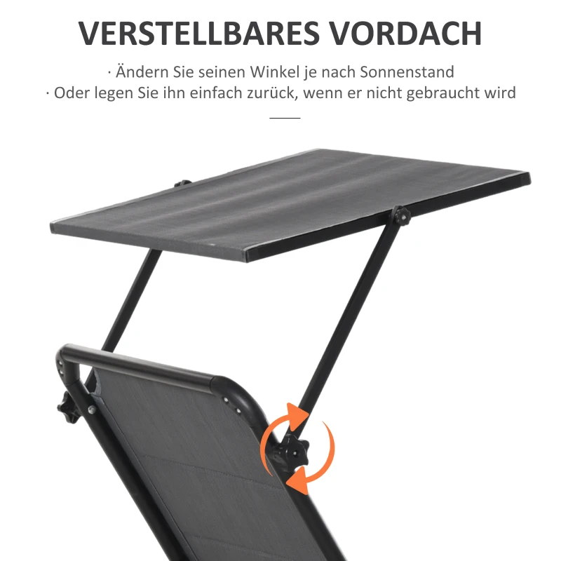 Outsunny Gartenliege Alu Sonnenliege mit Dach Stoffliege Relaxliege 5-fach verstellbar faltbar ergonomisch Texteline Dunkelgrau 164 x 66 x 84,5 cm