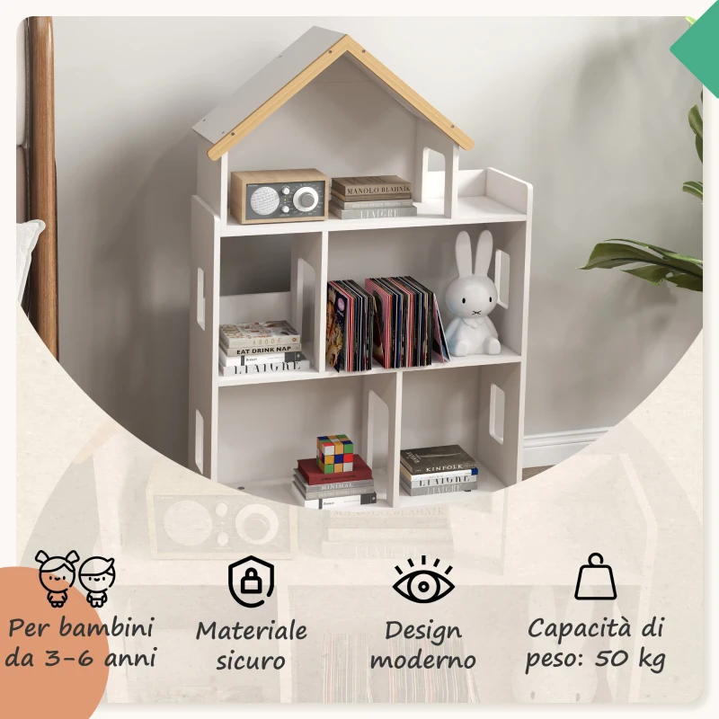 ZONEKIZ Libreria per Bambini 3-6 Anni a 3 Livelli per Libri e Giochi, in MDF e Legno di Pino, 65x25x108.5 cm, Bianco