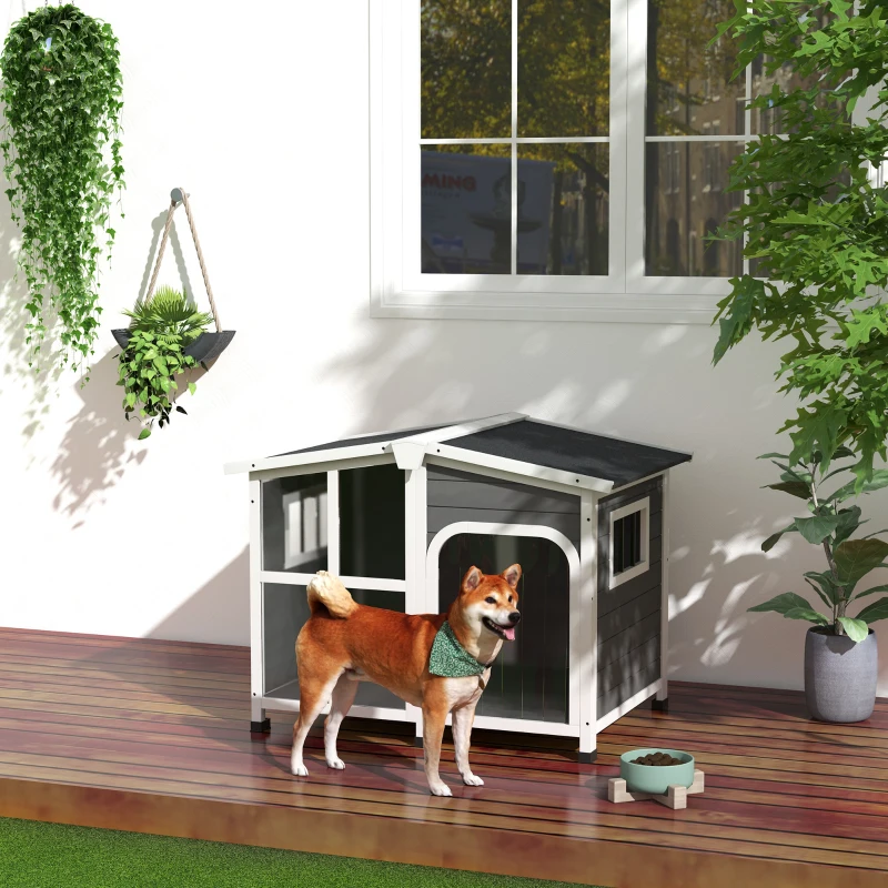 PawHut Casa para Cães de Madeira com Teto Abatível Porta com Cortina e Fundo Amovível 101x66,5x70,5cm Cinza Escuro