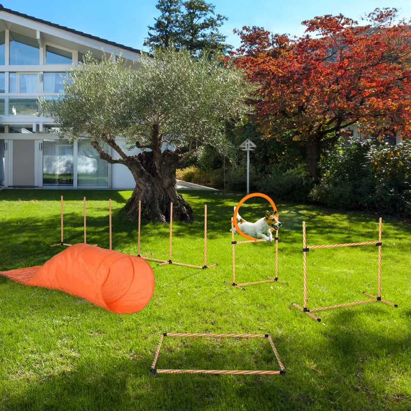 PawHut 5PC Portable Pet Agility Training Set Hurdle Bar for Dog Obstacle Exercise with Adjustable Height Jump Ring High Jumper Tunnel Weave Poles Square Pause Box Carry Bag Whistle