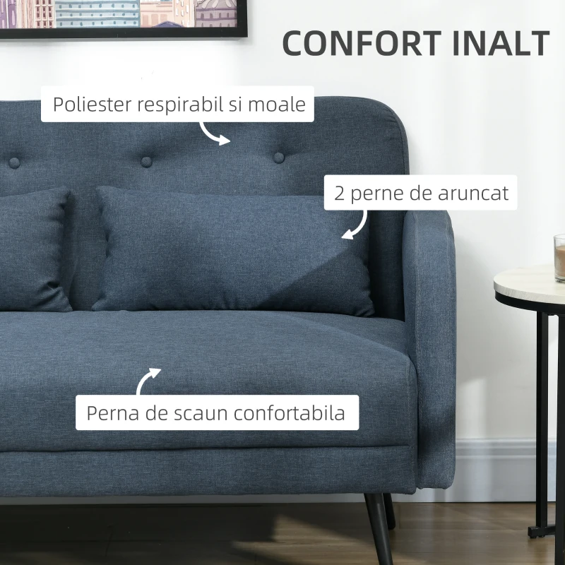 HOMCOM Canapea de 135cm pentru Dormitor, Mobilier Modern pentru Canapele cu Plus, Canapea Capitonata cu 2 Locuri cu Perne Decorative, Cadru din Lemn Masiv, Albastru Inchis