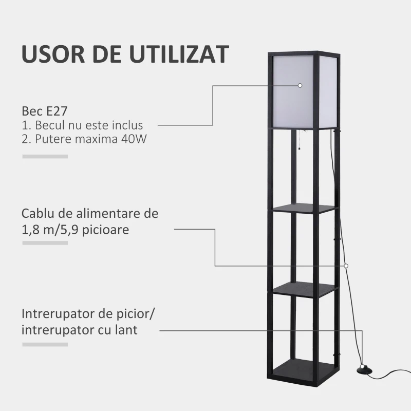 HOMCOM Lampa Pom cu Librarie 3 Niveluri Negru 26 x 26 x 160 cm