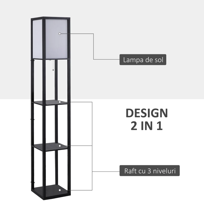 HOMCOM Lampa Pom cu Librarie 3 Niveluri Negru 26 x 26 x 160 cm