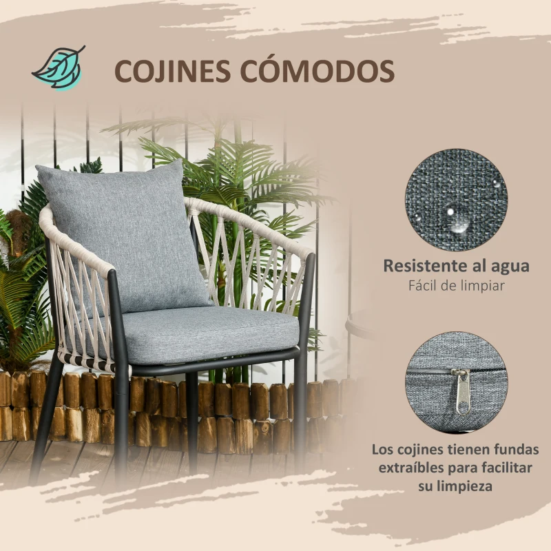 Outsunny Conjunto de Muebles de Jardín de 3 Piezas Incluye 1 Mesa con Encimera de Cristal y 2 Sillones con Cojines Gris