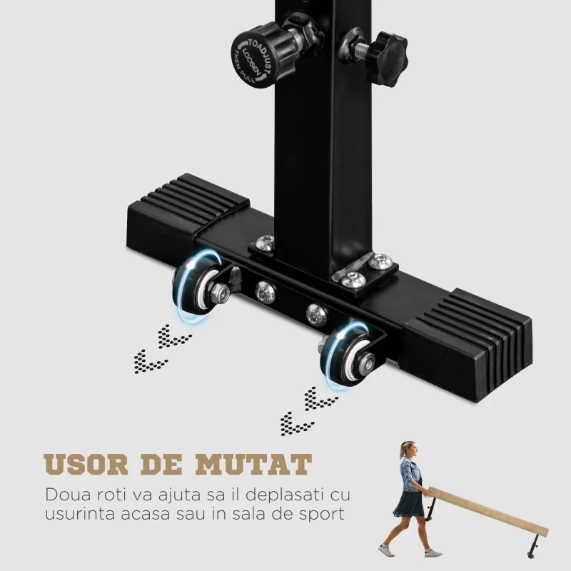 HOMCOM Barna de echilibru reglabila 2.3m, Barna de gimnastica cu roti, Echipament de gimnastica pentru antrenamentul copiiilor de 6+ ani si pentru antrenamentul profesionist acasa