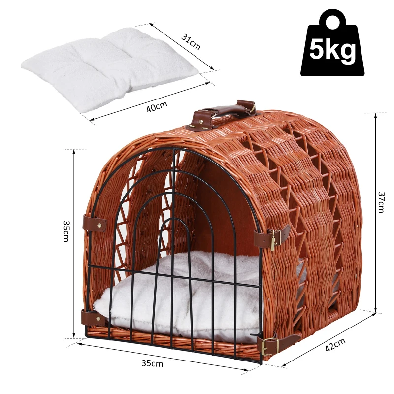 PawHut Kattenbed met kussen kattenmand transportbox met handgrepen, wilgentenen bruin