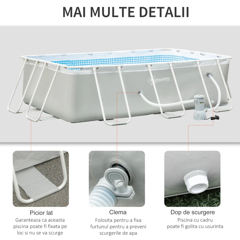 Outsunny Piscina Supraterana de Gradina Dreptunghiulara cu Pompa de Filtrare si  Cadru de Otel, 340x215x80cm, Gri