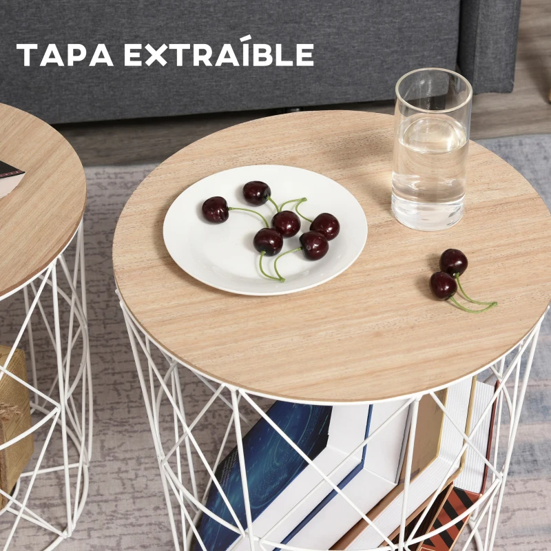 HOMCOM Juego de 2 Mesas Auxiliares de Salón con Tapa de Madera Extraíble y Estructura de Metal Ø40x45 cm y Ø35x40 cm Blanco