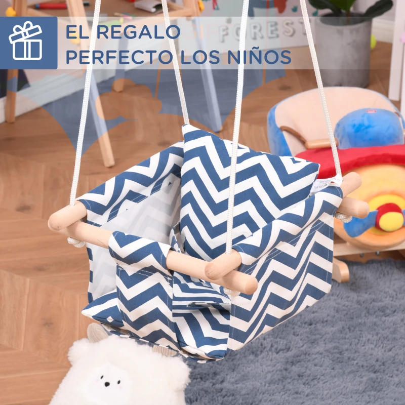 Outsunny Columpio para Bebé Altura Ajustable con Cinturón de Seguridad Interior y Exterior Carga Máx. 80 kg Madera 40x40x180 cm Azul y Blanco