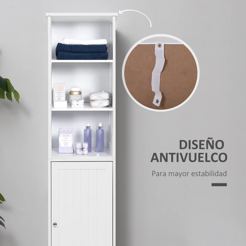 kleankin Armario Alto de Baño de 5 Niveles Columna Auxiliar de Baño con 3 Estantes 1 Puerta y Balda Ajustable 40x38x160 cm Blanco