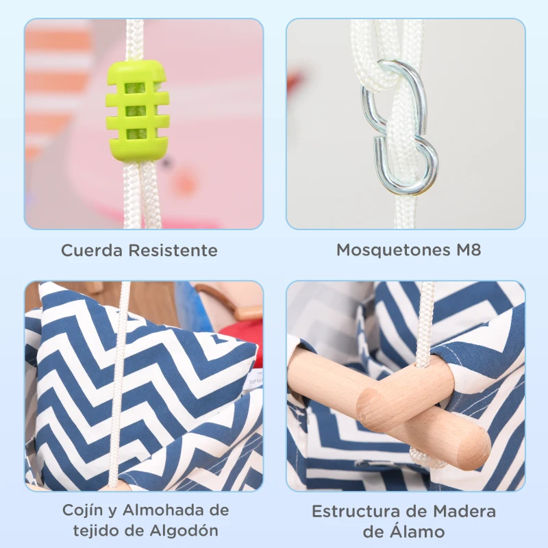 Outsunny Columpio para Bebé Altura Ajustable con Cinturón de Seguridad Interior y Exterior Carga Máx. 80 kg Madera 40x40x180 cm Azul y Blanco