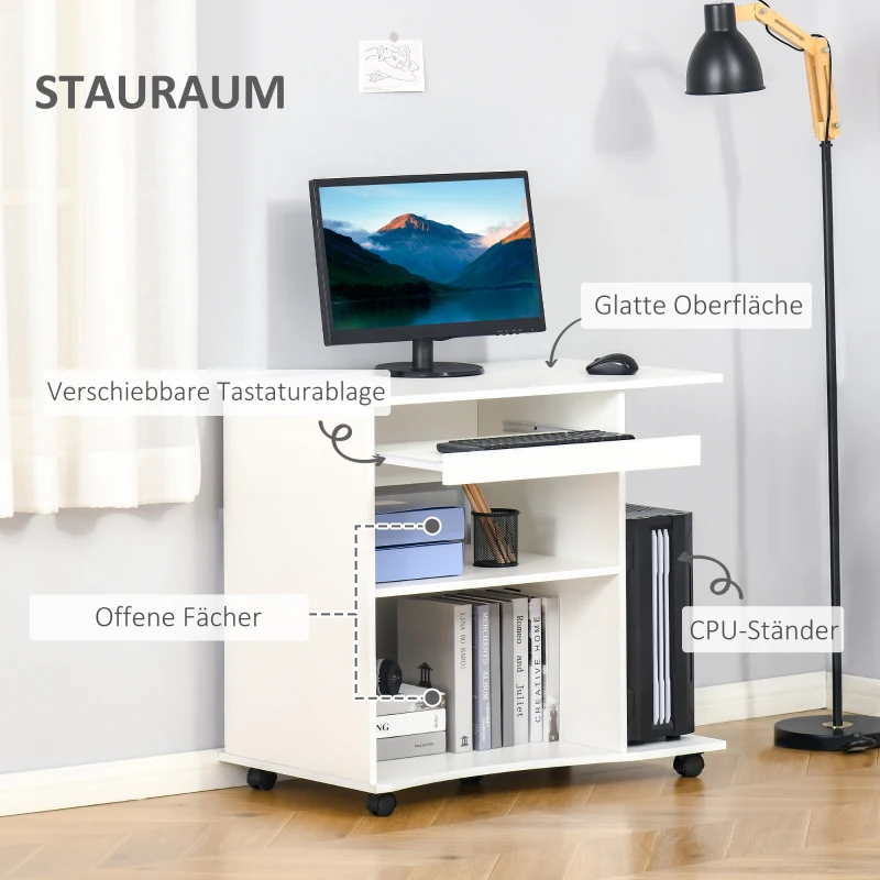 HOMCOM Computertisch mit Rollen Regal mobiler Schreibtisch Bürotisch PC Tisch moderner einfacher Stil Spanplatte Weiß 80 x 50 x 75 cm