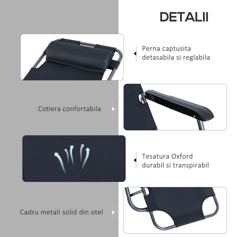 Outsunny Sezlong de Gradina sau de Pisina cu brate Pliabil, Negru