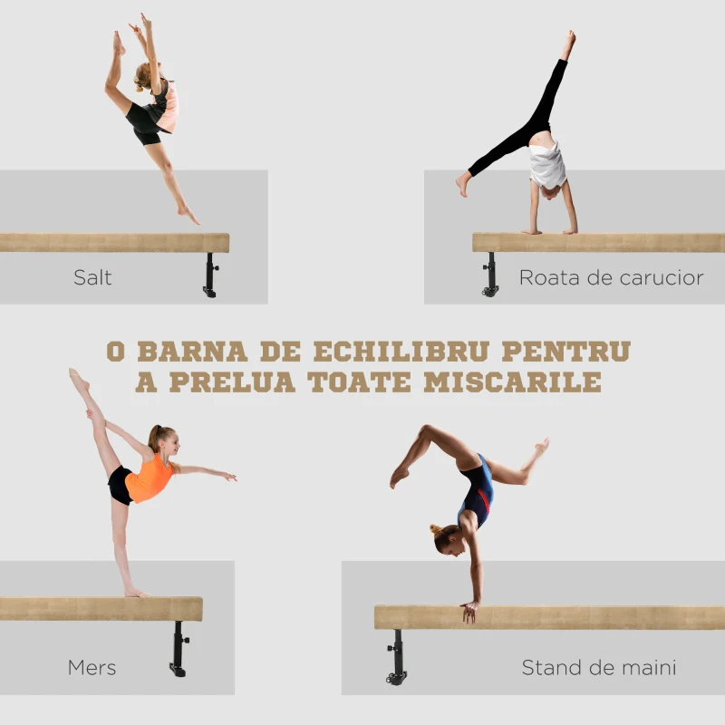 HOMCOM Barna de echilibru reglabila 2.3m, Barna de gimnastica cu roti, Echipament de gimnastica pentru antrenamentul copiiilor de 6+ ani si pentru antrenamentul profesionist acasa
