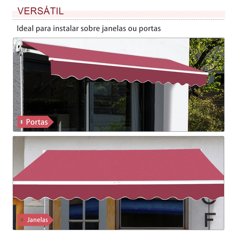 Outsunny Toldo Manual 395x245 cm Toldo de Varanda Pátio com Manivela de Alumínio e Tecido de Poliéster 280 g/m² Vinho