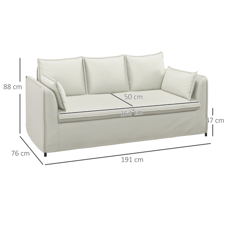 HOMCOM Canapé 3 places design épuré moderne housse amovible et coussins 191 x 76 x 88 cm pieds acier revêtement tissu blanc